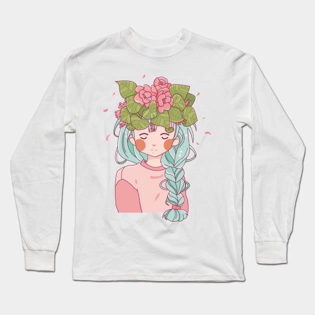 Beautiful Blue Hair Girl in pink top with Floral head dress Long Sleeve T-Shirt by TinPis